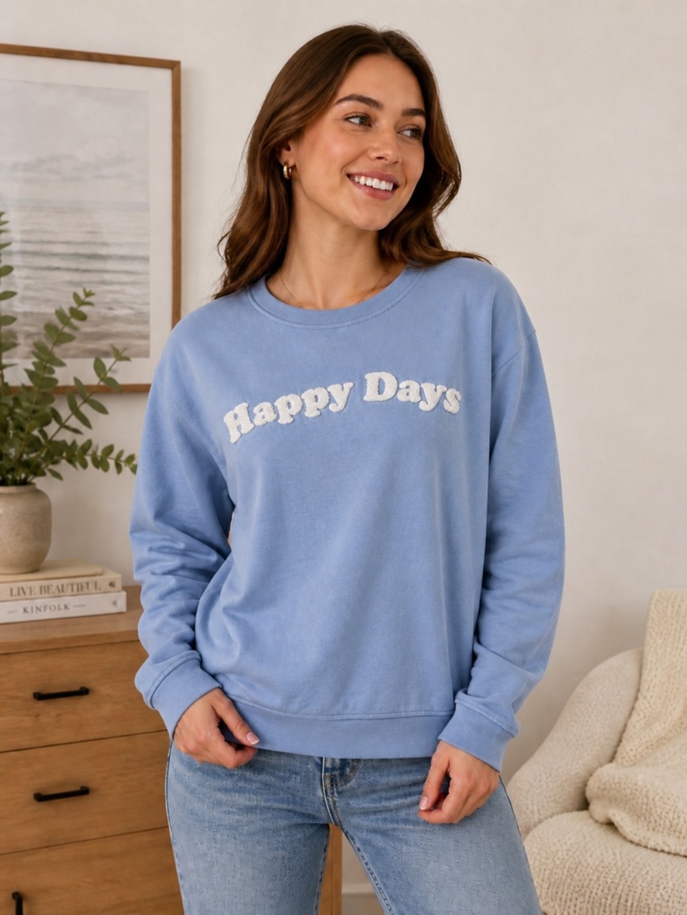 Fat Face Happy Days Sweatshirt Blue Chenille Graphic Cozy Pullover Sz 8